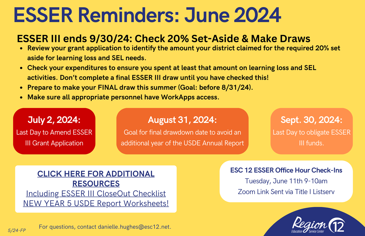 ESSER Reminders: June 2024
Click for calendar